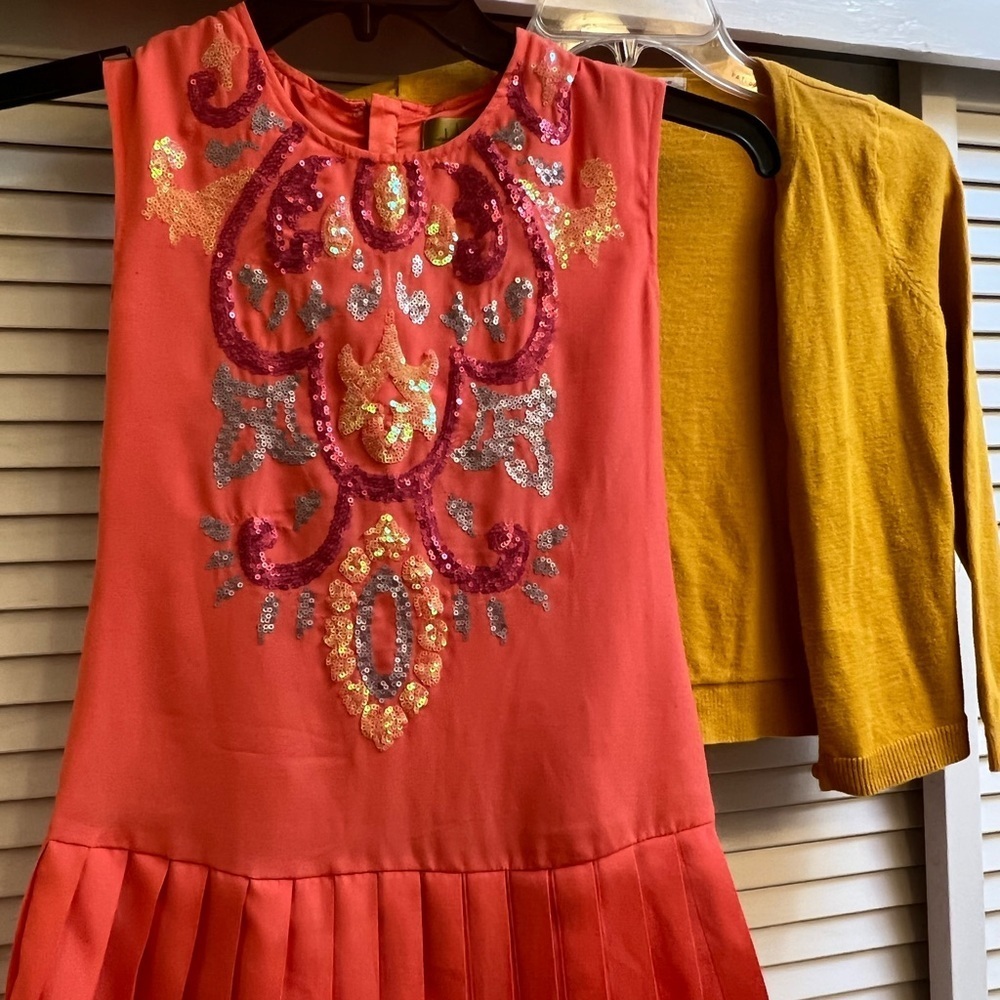 Nicole Miller Coral Sequin Youth Sz S Dress H&M Yellow Gold Sweater Sz 7/8 Lot
